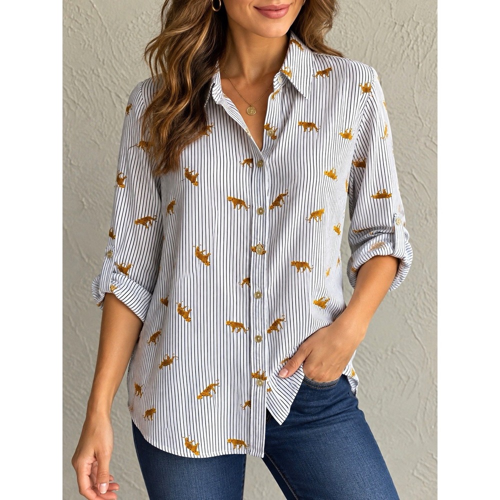 JANE + DELANCEY L Gold Cheetah Striped Roll-Tab Sleeve Rayon Blouse